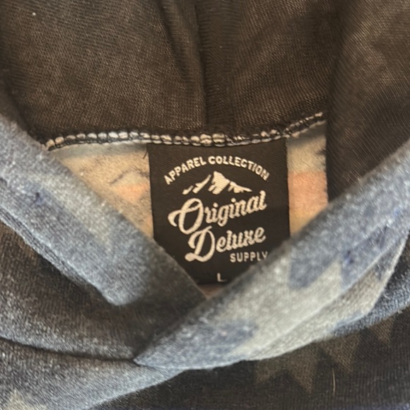 Aztec Mens Pattern Blue Black Pullover Hoodie Southwestern Tribal Sweatshirt L - Picture 4 of 5